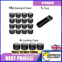 16P 17mm BLACK ALLOY WHEEL NUT COVERS + 4P Locking CAPS UNIVERSAL FOR ANY CAR
