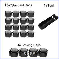 16P 17mm BLACK ALLOY WHEEL NUT COVERS + 4P Locking CAPS UNIVERSAL FOR ANY CAR