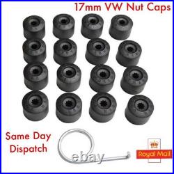 16x 17mm VW Black Nut Cap Wheel Covers + 4x Locking Nuts Volkswagen Engraved