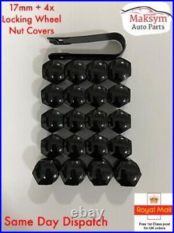 17mm Black Nut Caps + 4x Locking Wheel Nut Covers + Removal Tool VW Audi BMW