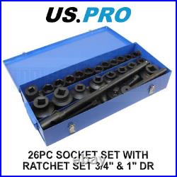 US PRO Tools 26pc Socket Set With Ratchet Set 3/4 & 1 Dr 21 65mm 3735
